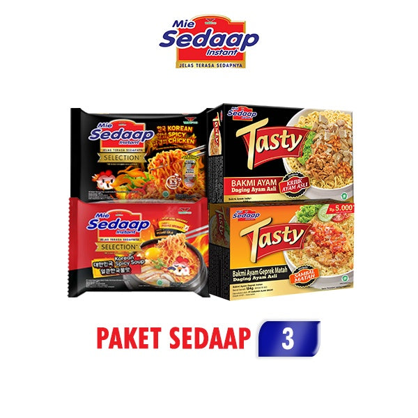 Sedaap Paket 3 - Korean Spicy 10 Pcs + Korean Spicy Soup 10 Pcs + Tasty Bakmi Ayam 5 Pcs + Tasty Ayam Geprek 5 Pcs