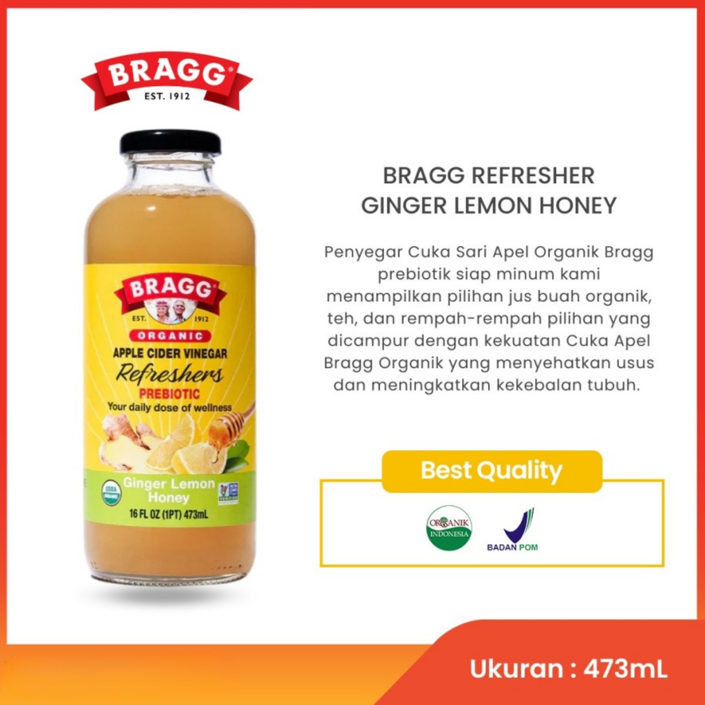 Bragg Organic Apple Cider Vinegar Refreshers Prebiotic Ginger Lemon Honey 473ml (16oz)