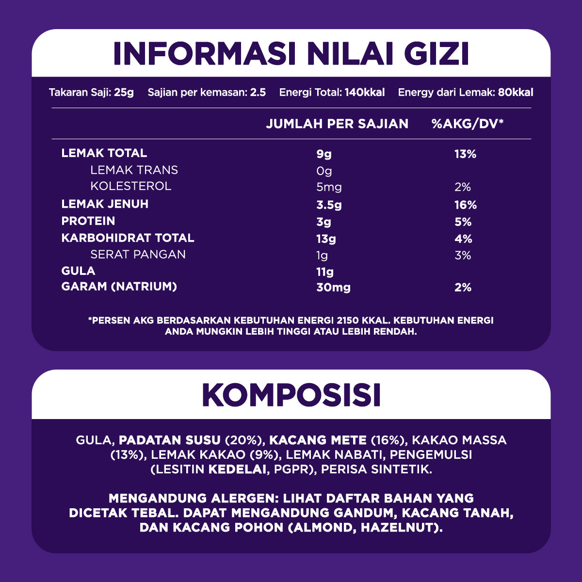Cadbury Dairy Milk Cashew Nut 52g, Cokelat Susu dengan Kacang Mete