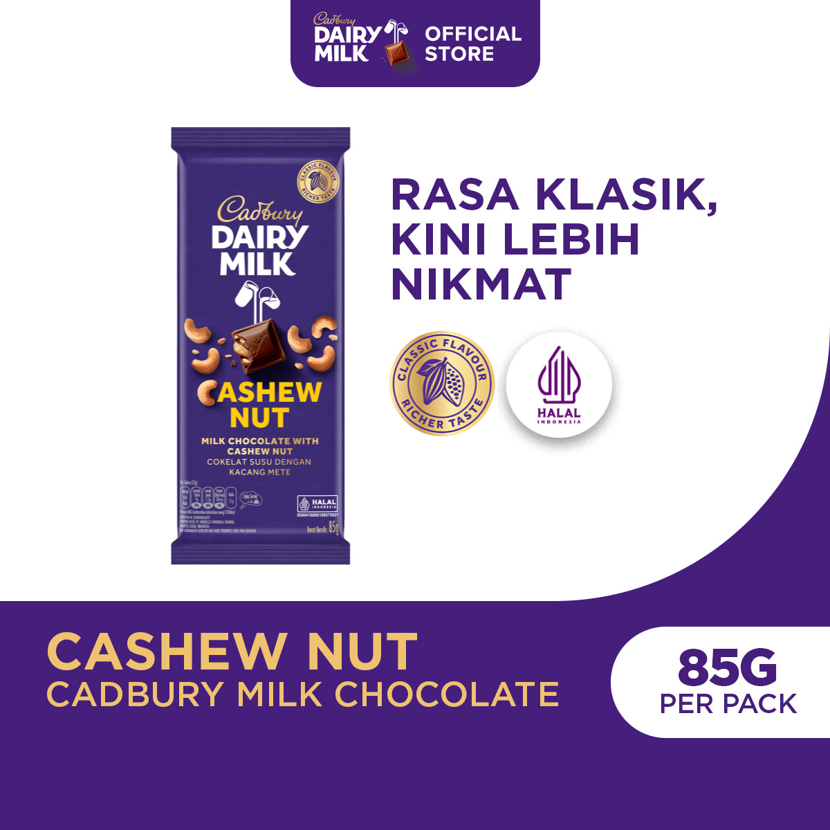 Cadbury Dairy Milk Cashew Nut 85g, Cokelat Susu dengan Kacang Mete