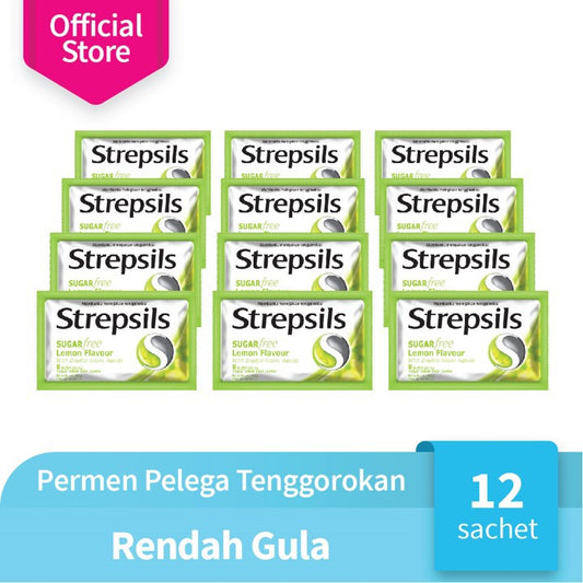 Strepsils Sugar Free Rasa Lemon isi 8 butir x 12 Sachet- Permen Pelega Tenggorokan Rasa Lemon