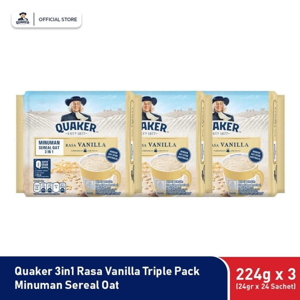 Quaker 3in1 Vanilla Minuman Sereal Oat 224gr (24gr x 8 sachet) x3