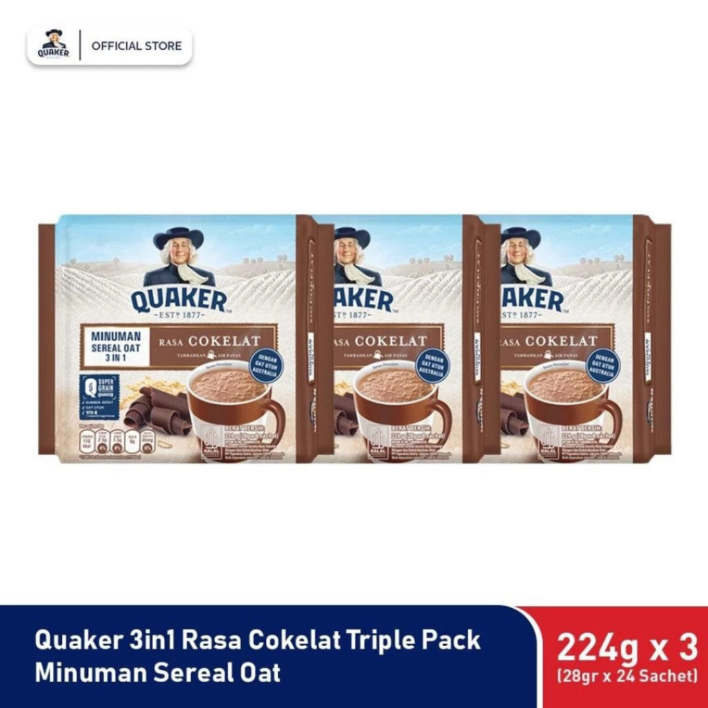 Quaker 3in1 Chocolate Polybag 224g Minuman Sereal Oats (Isi 8 sachet) x3