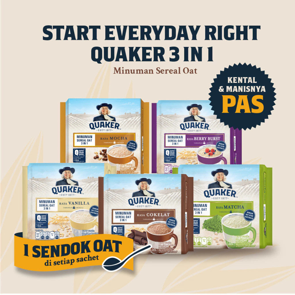 Quaker 3in1 Chocolate Polybag 224g Minuman Sereal Oats (Isi 8 sachet) x3