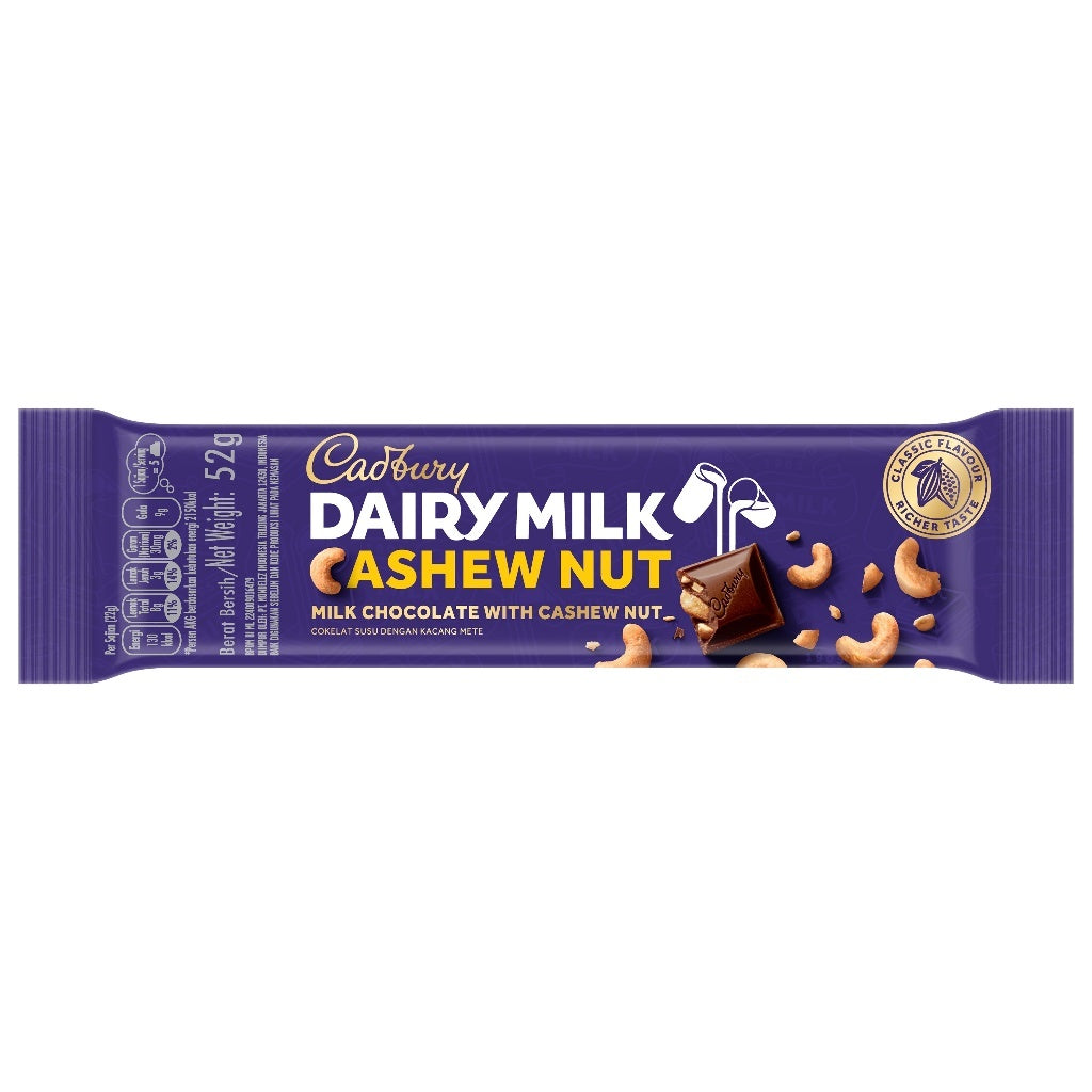 Cadbury Dairy Milk Cashew Nut 52g, Cokelat Susu dengan Kacang Mete
