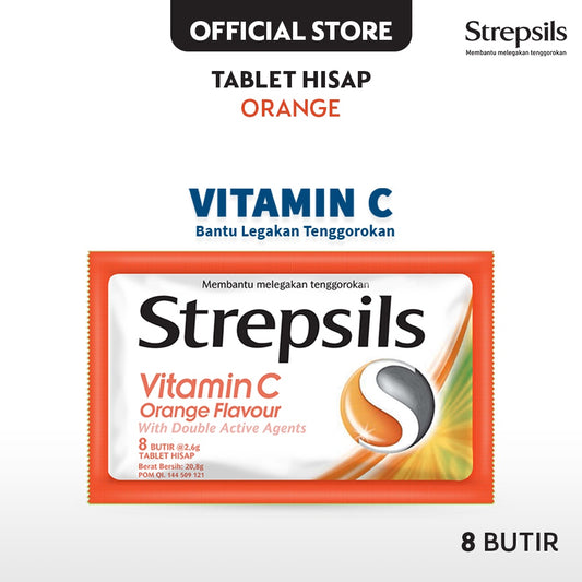 Strepsils Vitamin C isi 8 butir x 12 Sachet - Permen Pelega Tenggorokan Rasa Jeruk
