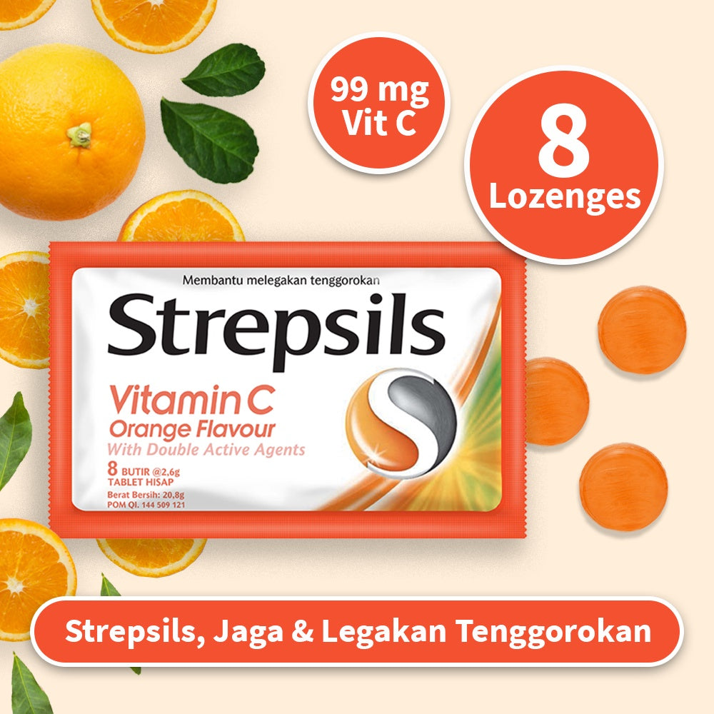 Strepsils Vitamin C isi 8 butir x 12 Sachet - Permen Pelega Tenggorokan Rasa Jeruk