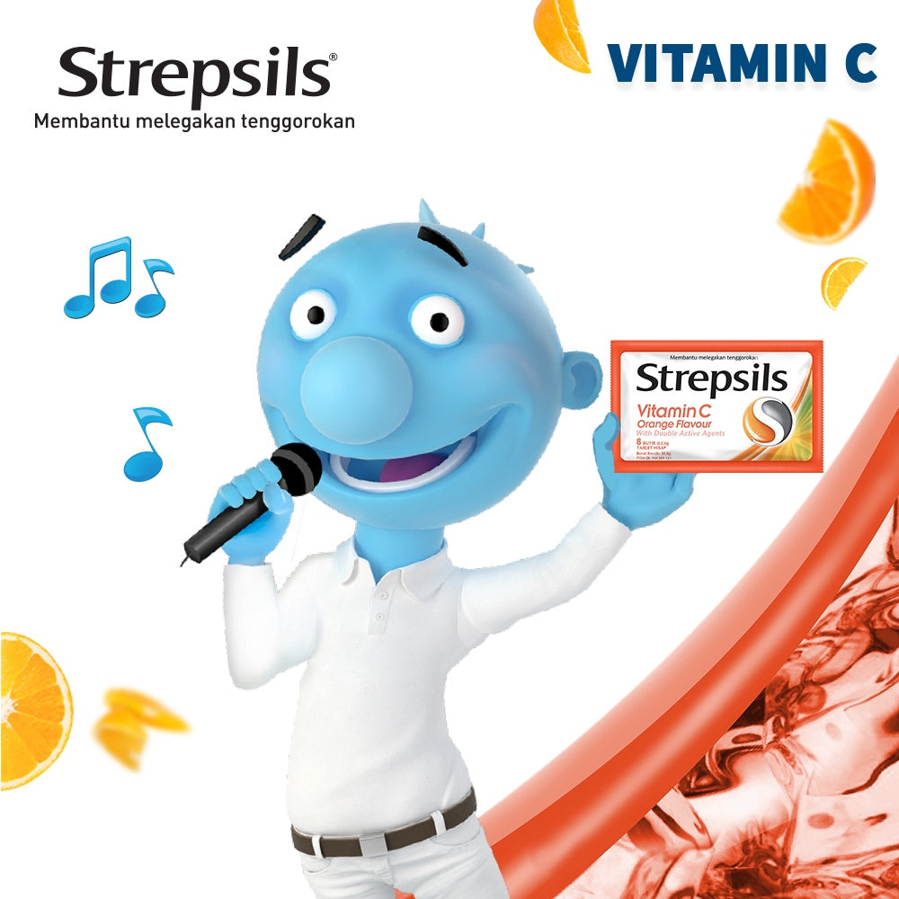Strepsils Vitamin C isi 8 butir x 12 Sachet - Permen Pelega Tenggorokan Rasa Jeruk
