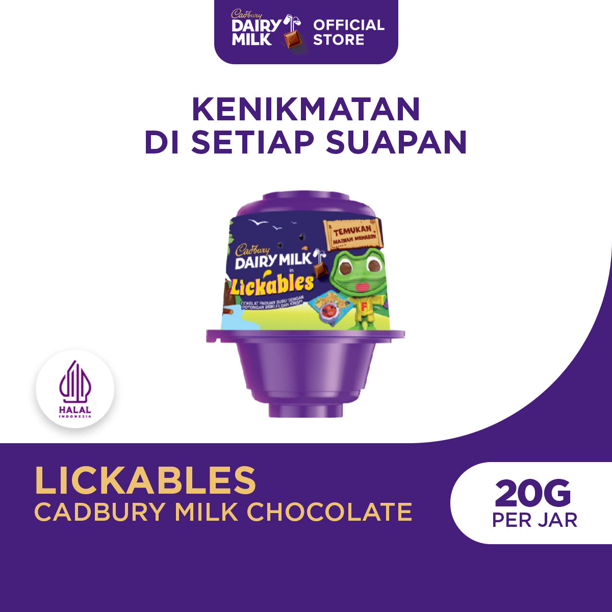 Cadbury Dairy Milk in Lickables 20g, Cokelat Paduan Susu dengan Potongan Biskuit dan Krispi