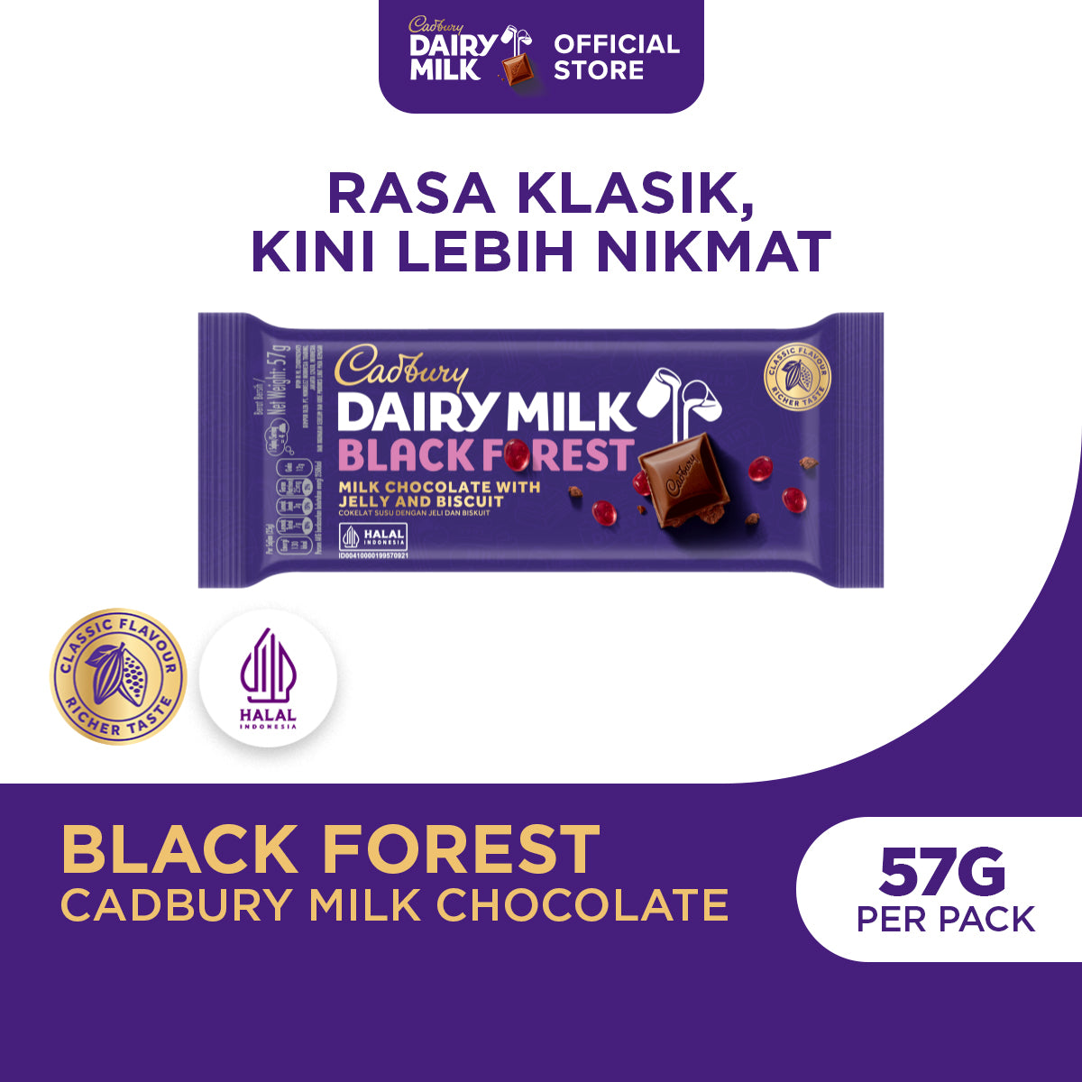 Cadbury Dairy Milk Black Forest 52g, Cokelat Susu dengan Jeli dan Biskuit: